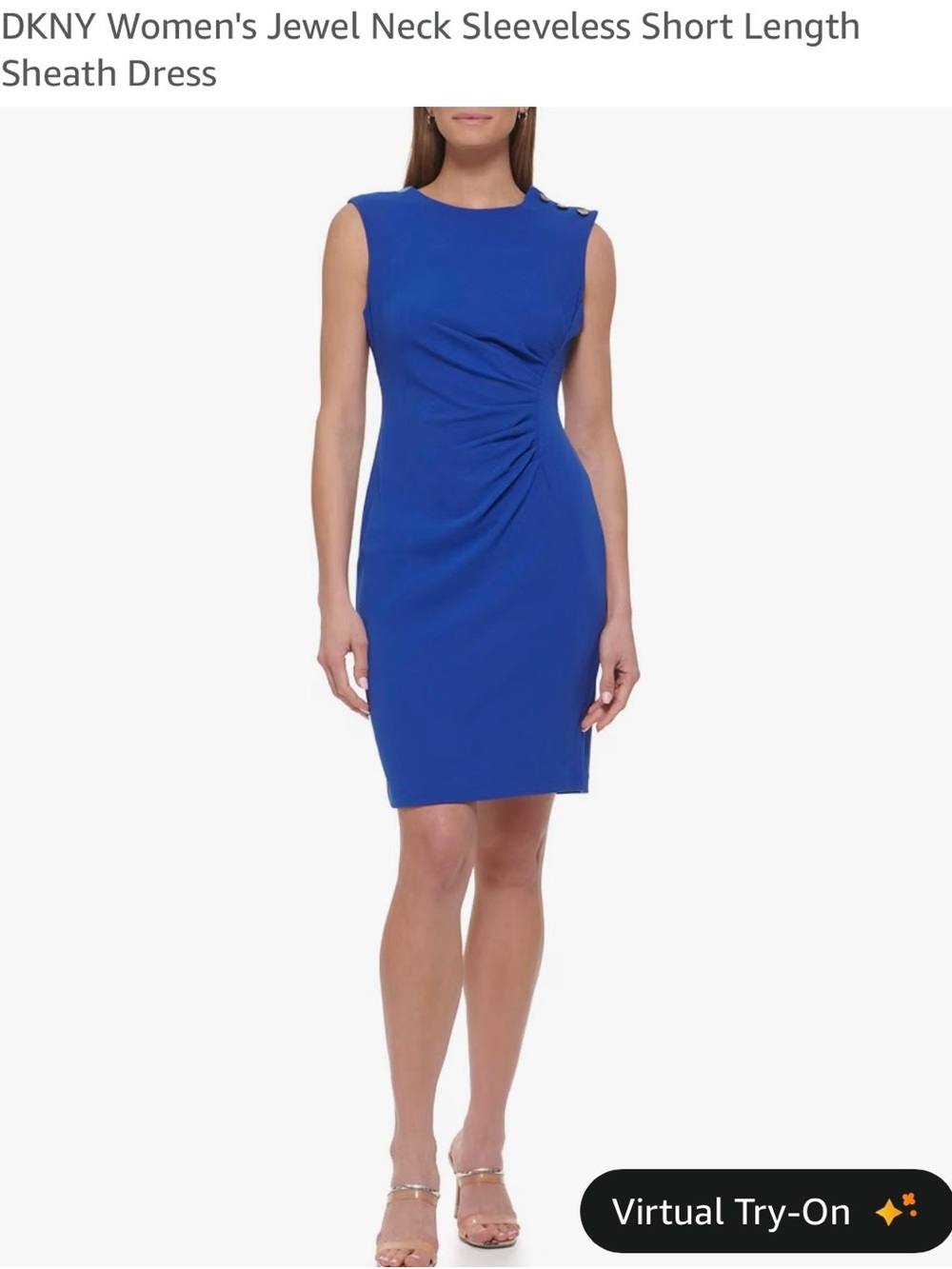 DKNY Jewel Neck Sleeveless Sheath Dress with Side Drape in Cobalt